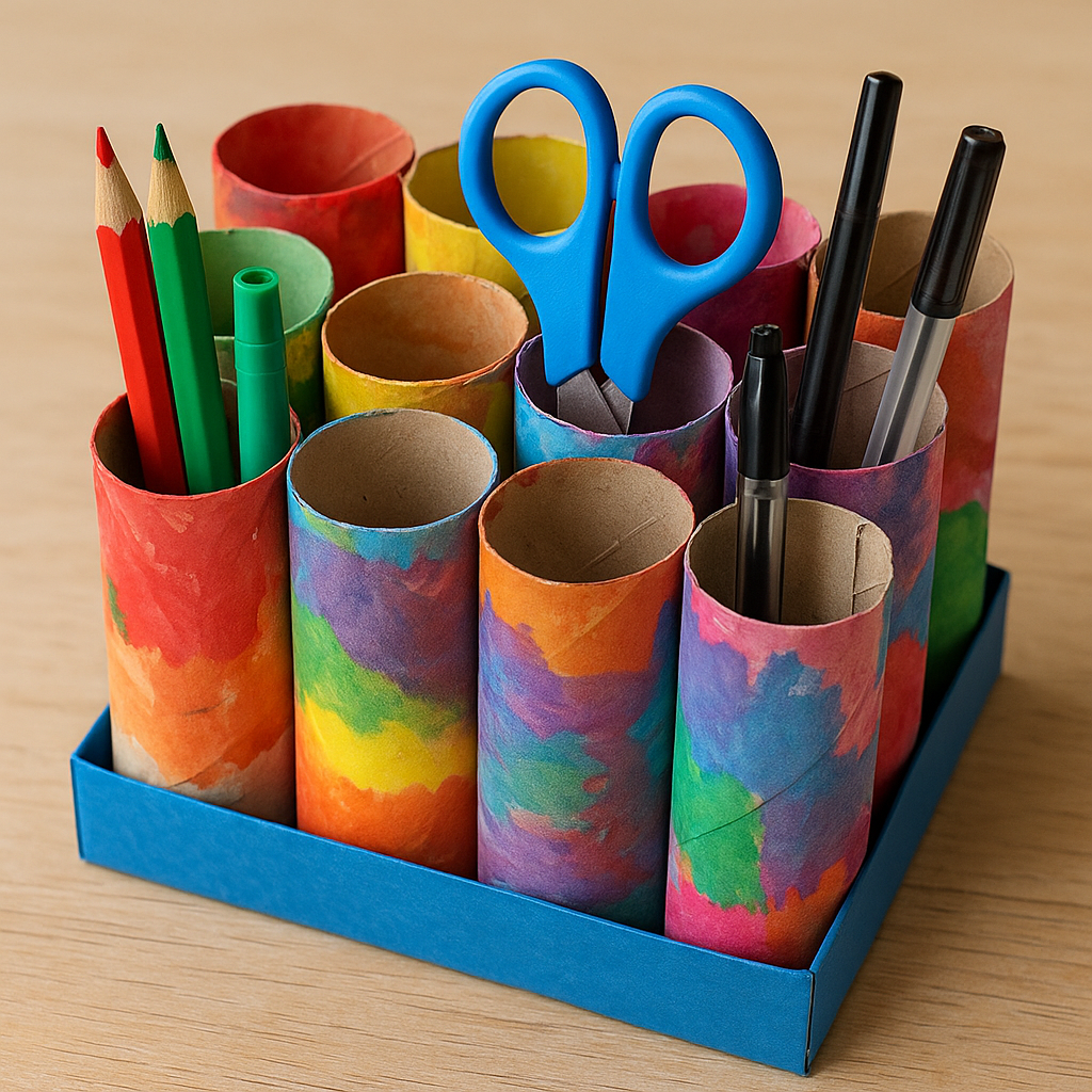 Kolorowy organizer na biurko zrobiony z pomalowanych rolek po papierze toaletowym, w którym znajdują się kredki, pisaki i nożyczki.