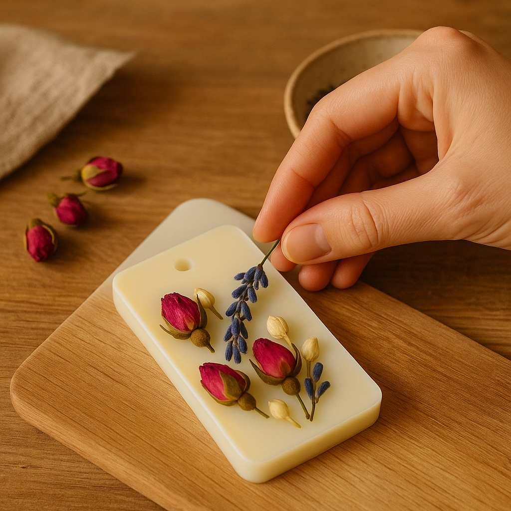 Ręczne tworzenie tabliczki florenckiej z wosku sojowego, ozdabianej suszonymi pąkami róży i lawendą