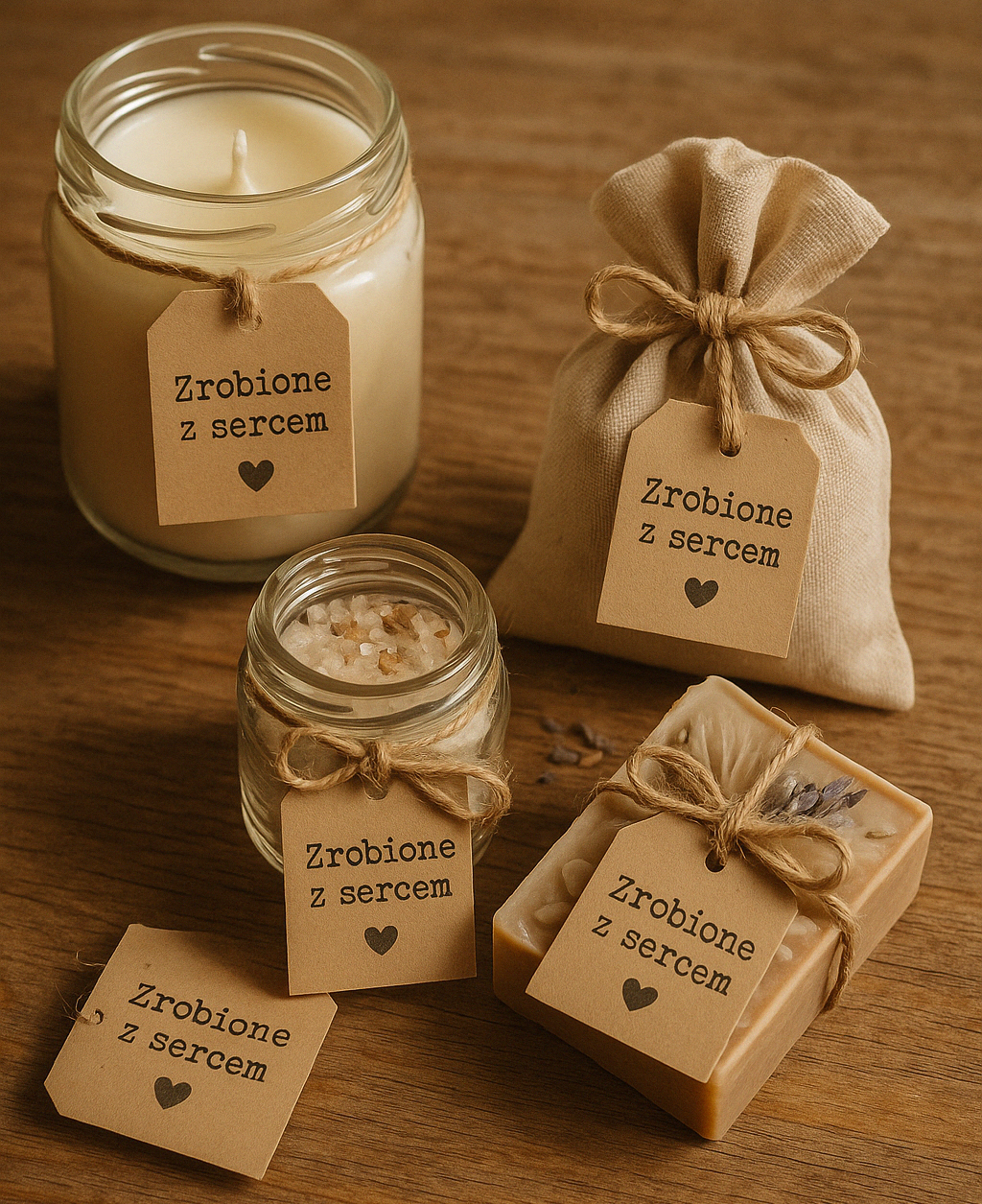 Zestaw ręcznie robionych prezentów DIY: świeca sojowa w słoiku, mydło glicerynowe, sole do kąpieli i lniany woreczek, każdy z etykietą "Zrobione z sercem".