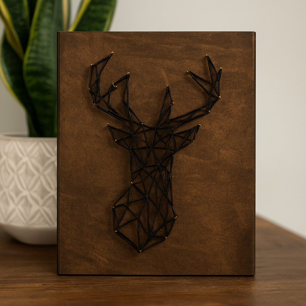 Obraz wykonany w technice String Art przedstawiający geometryczną głowę jelenia z czarnych nici rozpiętych na złotych gwoździach, na tle bejcowanej na ciemno drewnianej deski.
