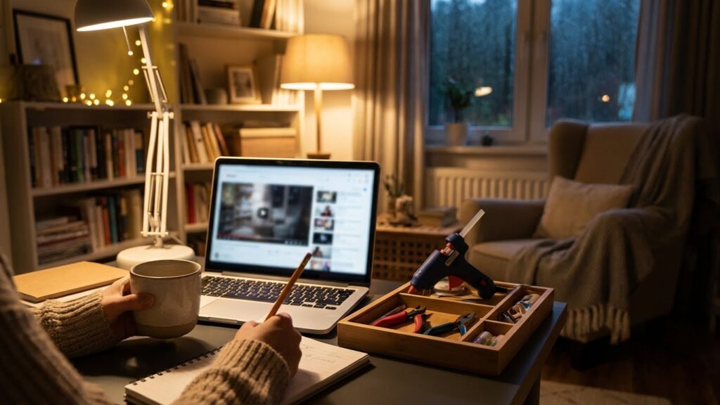 Osoba siedząca wieczorem przy biurku, oglądająca tutorial wideo na laptopie i robiąca notatki. Na blacie widoczny pistolet do kleju na gorąco, kubek z napojem oraz organizer z narzędziami. W tle przytulny pokój z regałem na książki i ciepłym oświetleniem lampki