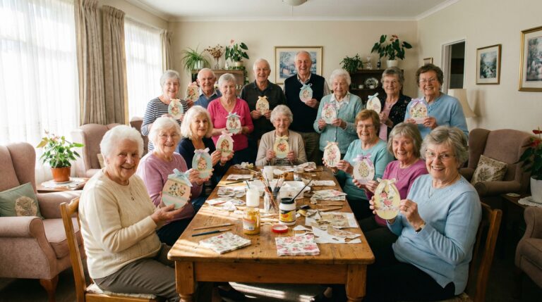 Duża grupa uśmiechniętych seniorów prezentuje drewniane jajka wykonane techniką decoupage podczas warsztatów w domu opieki