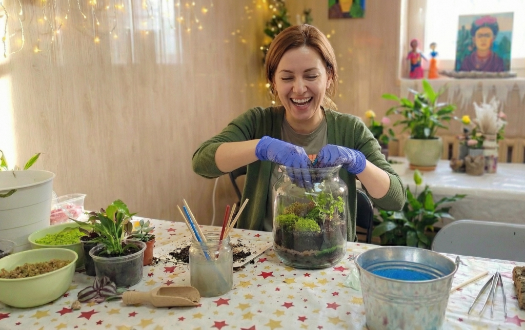 Śmiejąca się kobieta w niebieskich rękawiczkach ochronnych wkłada ziemię i rośliny do szklanego słoika. Na stole w Warsztatowni leżą narzędzia, miski z mchem, kamykami i ziemią do tworzenia lasu w słoiku
