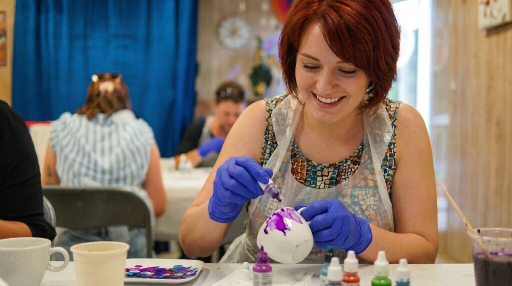 Uśmiechnięta młoda kobieta z rudymi włosami w ochronnym fartuchu i niebieskich rękawiczkach maluje biały kubek fioletowym tuszem alkoholowym. W tle inne osoby tworzą przy stole podczas warsztatów w Warsztatowni