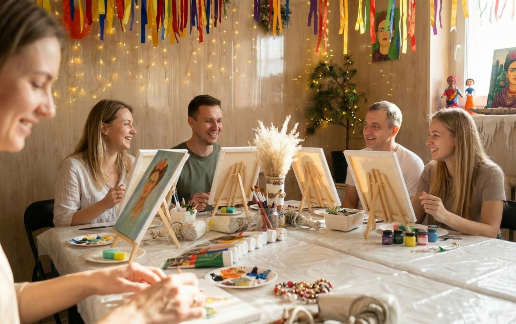 Grupa dorosłych osób uśmiechających się podczas wspólnego malowania przy długim stole. Przed nimi sztalugi z płótnami, palety z farbami akrylowymi, pędzle oraz inne materiały plastyczne, w tle dekoracje ze wstążek, lampki i obrazy artystyczne w Warsztatowni
