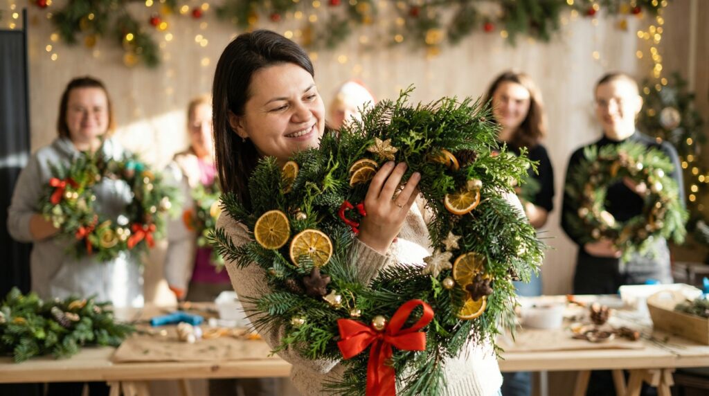 Uśmiechnięta kobieta w jasnym swetrze prezentuje gotowy świąteczny wianek z gałązek iglastych, suszonych pomarańczy i czerwonej wstążki. W tle inne osoby z grupy firmowej również tworzą swoje wianki w udekorowanej świątecznie sali