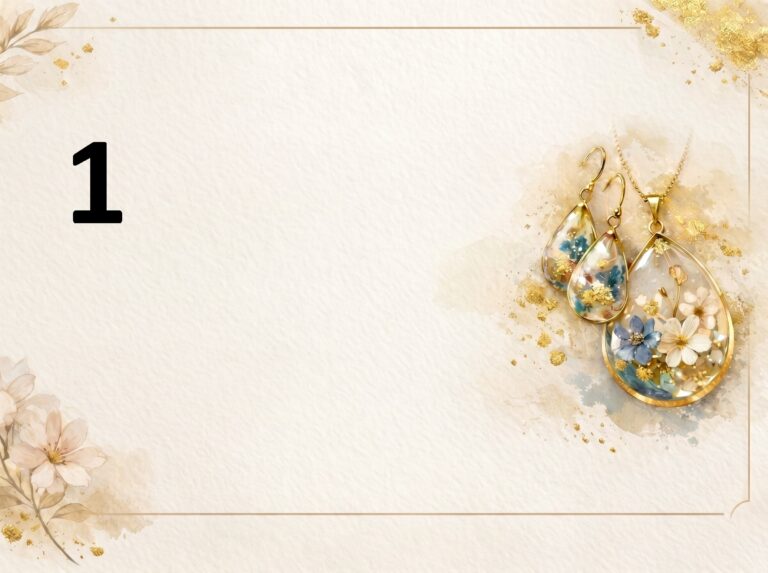 Szablon bonu podarunkowego z miejscem na wpisanie tekstu. Tło w jasnych odcieniach beżu, zdobione złotymi plamkami oraz akwarelowymi kwiatami. W prawym dolnym rogu widoczna jest ilustracja pięknej biżuterii z żywicy: dwóch kolczyków w kształcie kropli i dużego wisiorka, w których zatopione są niebieskie i białe polne kwiaty oraz płatki złota.