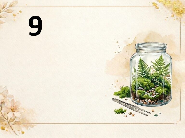 Szablon vouchera z miejscem na wpisanie tekstu. Tło w odcieniu złamanej bieli ozdobione jest delikatnymi, akwarelowymi kwiatami i złotymi plamkami. W lewym górnym rogu znajduje się duża, czarna cyfra "3". Po prawej stronie widnieje ilustracja białej filiżanki ozdobionej abstrakcyjnym wzorem wykonanym tuszami w kolorach niebieskim, fioletowym i złotym. Obok filiżanki leżą dwie małe buteleczki z tuszem (niebieskim i fioletowym) oraz cienki pędzelek