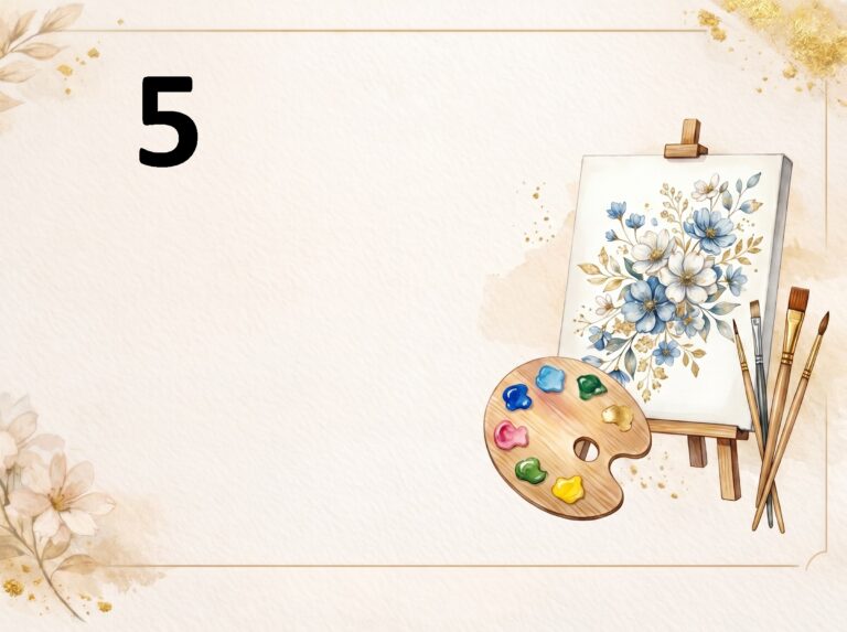Szablon vouchera z wolnym miejscem na wpisanie dedykacji. W lewym górnym rogu znajduje się duża, czarna cyfra "5". Tło w delikatnych beżowych odcieniach jest ozdobione złotymi drobinami oraz subtelnymi akwarelowymi kwiatami w dolnym lewym rogu. Po prawej stronie widać sztalugę z płótnem, na którym namalowany jest piękny bukiet niebieskich i białych kwiatów ze złotymi liśćmi. Obok sztalugi znajduje się drewniana paleta z wyciśniętymi kolorowymi farbami (niebieską, błękitną, zieloną, czerwoną i żółtą) oraz trzy pędzle