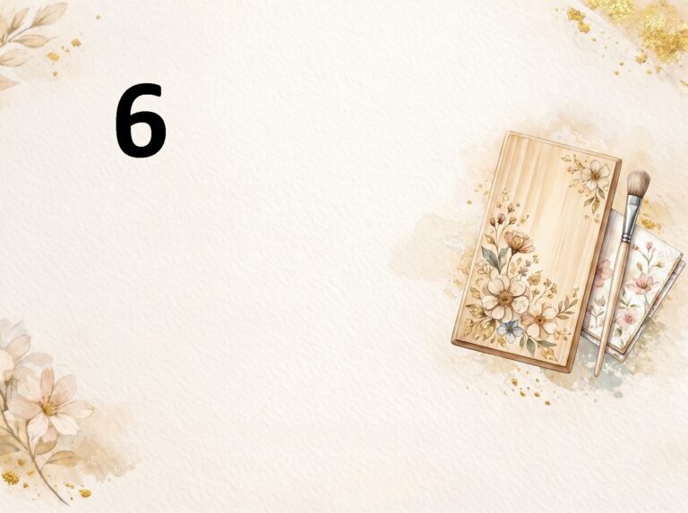 Szablon vouchera prezentowego. W lewym górnym rogu duża, czarna cyfra "6". Jasne, fakturowane tło (przypominające papier akwarelowy) ozdobione jest subtelnymi, jasnymi kwiatami w dolnym lewym rogu oraz drobnymi, złotymi płatkami. Z prawej strony znajduje się grafika przedstawiająca prostokątny, drewniany obrazek, na którym namalowana jest kompozycja z jasnych kwiatów ze złotymi, błyszczącymi detalami. Obok obrazka leży pędzelek i złożona serwetka z podobnym motywem kwiatowym, co sugeruje warsztaty z techniki decoupage lub tworzenia obrazów z elementami złoceń