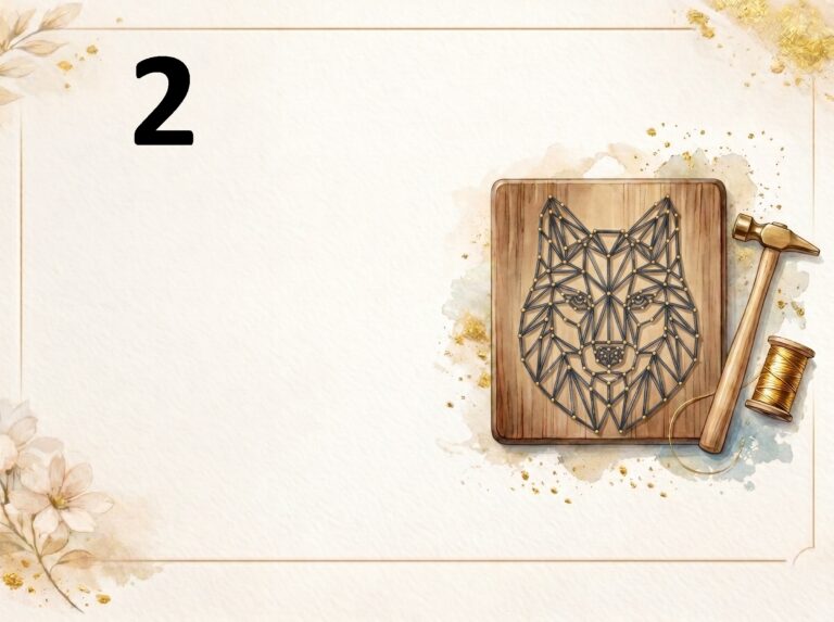 Szablon vouchera prezentowego z pustym miejscem na tekst po lewej stronie, oznaczonym dużą, czarną cyfrą "2". Tło jest jasne, ozdobione delikatnymi akwarelowymi plamkami, złotymi detalami i kwiatami w rogach. Z prawej strony znajduje się grafika przedstawiająca drewnianą deskę z ułożonym z nici i gwoździ wzorem geometrycznego wilka (string art). Obok deski leżą narzędzia: młotek i szpulka złotych nici