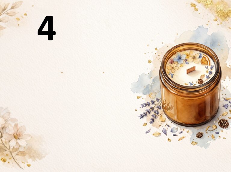 Szablon vouchera z dużą cyfrą "4" w lewym górnym rogu. Tło w odcieniu jasnego, teksturowanego papieru zdobią delikatne akwarelowe kwiaty w lewym dolnym rogu oraz złote plamki. Po prawej stronie widać ilustrację naturalnej świecy sojowej w szklanym, brązowym słoiczku z drewnianym knotem. Świeca ozdobiona jest na wierzchu suszonymi kwiatami (niebieskimi i żółtymi), lawendą, małymi szyszkami oraz plasterkiem suszonej pomarańczy. Wokół słoiczka rozsypane są również suszone pąki kwiatów, lawenda i drobne złote płatki