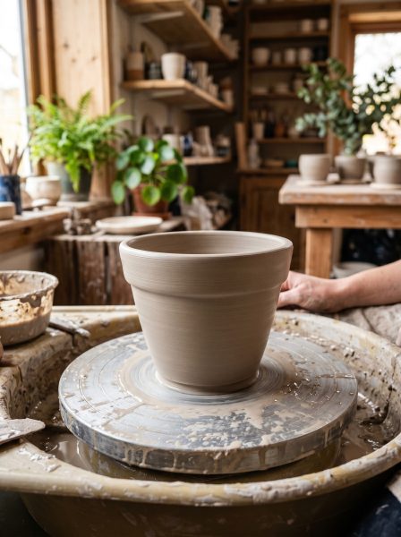 Świeżo utoczona, niewypalona doniczka z jasnej gliny stoi na metalowym kole garncarskim zabrudzonym szlamem. W tle widoczna ręka rzemieślnika oraz jasna pracownia ceramiczna z roślinami i regałami pełnymi naczyń