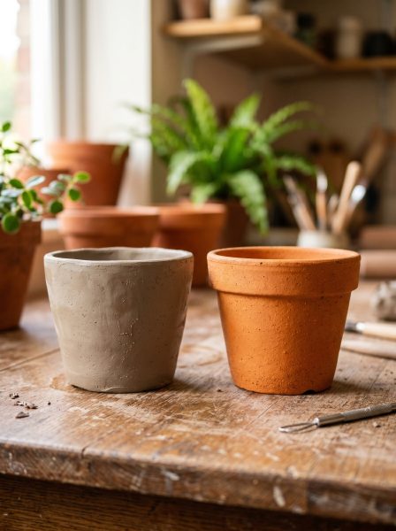 Dwie doniczki stojące na zniszczonym, drewnianym stole warsztatowym – jedna surowa, szara z mokrej gliny, druga wypalona, pomarańczowa z terakoty. W tle rozmyte rośliny doniczkowe i narzędzia rzeźbiarskie w jasnym świetle okna