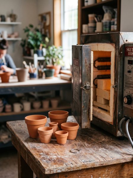 Stół warsztatowy z grupą różnej wielkości, świeżo wypalonych doniczek z pomarańczowej terakoty. Obok otwarty piec ceramiczny do wypału gliny, a w tle pracownia ceramiczna z osobą pracującą przy stole