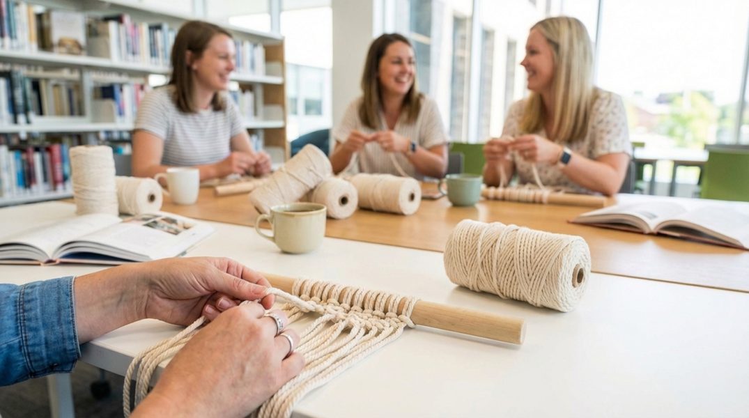 Zbliżenie na dłonie zaplatające makramę na jasnym blacie, w tle uśmiechnięte kobiety przy stole w bibliotec