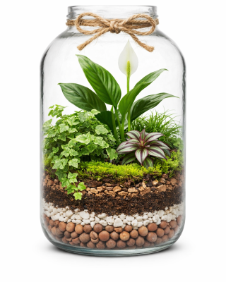 Las w słoiku w dużym szklanym naczyniu ze sznurkiem jutowym, z warstwami kamyków, ziemi i zielonymi roślinami oraz białym kwiatem pośrodku na białym tle