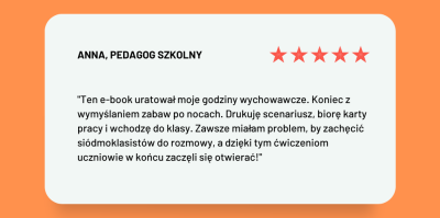 Grafika z opinią pedagoga szkolnego o ebooku „Emocje w kolorach”, z imieniem Anna, pięcioma czerwonymi gwiazdkami i cytatem o tym, że materiał uratował godziny wychowawcze i pomógł otworzyć uczniów na rozmowę