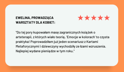 Grafika z opinią Eweliny, prowadzącej warsztaty dla kobiet, z pięcioma gwiazdkami i cytatem o scenariuszu z kartami, który kupuje za artystyczną jakość i praktyczność