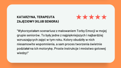 Grafika z opinią Katarzyny, terapeutki z klubu seniora, o ebooku „Emocje w kolorach” z pięcioma gwiazdkami i cytatem o wykorzystaniu scenariusza z malowaniem torby, który pomógł seniorom otworzyć się na wspomnienia i proces twórczy