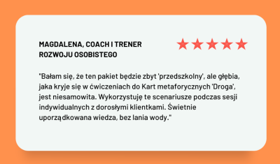Grafika z opinią Magdaleny, coacha i trenera rozwoju osobistego, z pięcioma gwiazdkami i cytatem o kartach metaforycznych Droga, które są niesamowitym narzędziem do pracy z dorosłymi klientami