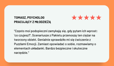 Grafika z opinią Tomasza, psychologa pracującego z dziećmi i młodzieżą, z pięcioma gwiazdkami i cytatem o tym, że pakiet z puzzlami emocji jest genialnie przemyślany i bardzo skuteczny narzędzie pracy