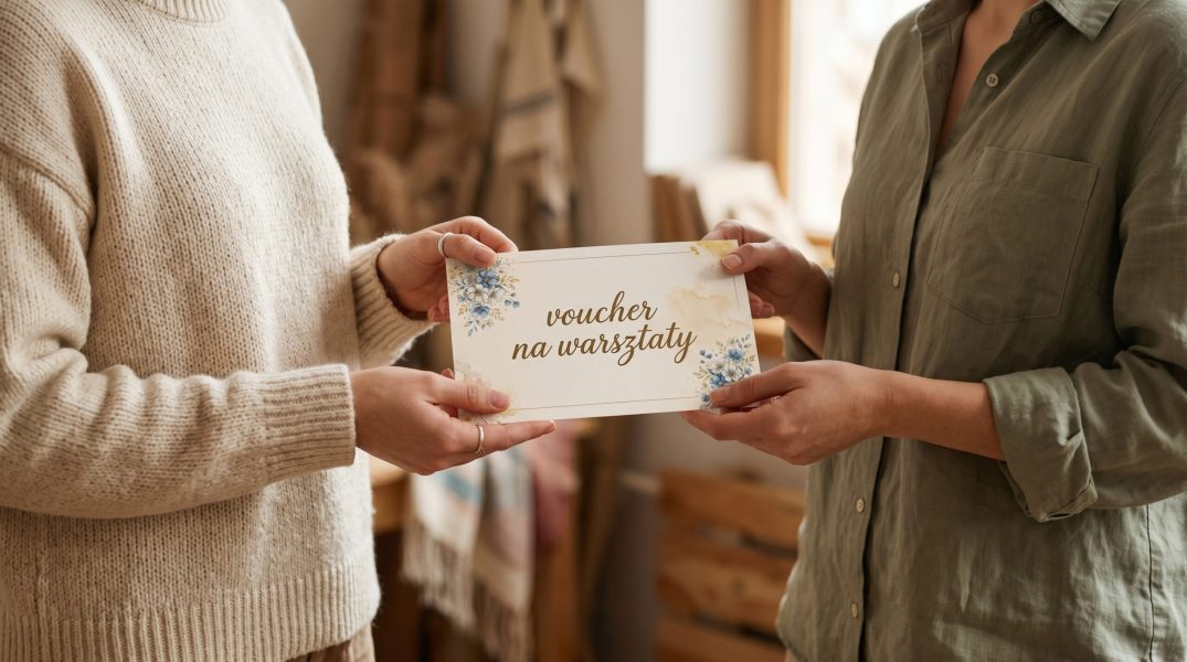 Dwie osoby stojące naprzeciwko siebie w jasnym, artystycznym wnętrzu pracowni. Jedna osoba, ubrana w jasny sweter, wręcza drugiej, w zielonej koszuli, ozdobny voucher z napisem "voucher na warsztaty", ozdobiony delikatnymi, niebieskimi kwiatowymi motywami. Tło jest delikatnie rozmyte, ukazując elementy wyposażenia pracowni