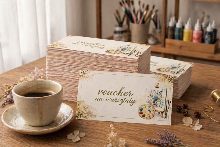 Stos ozdobnych voucherów podarunkowych z napisem "voucher na warsztaty" ułożonych na drewnianym blacie. Obok znajduje się jasna filiżanka z czarną kawą na spodku, a w tle widać przybory malarskie, pędzle w kubku i farby, tworzące artystyczną, przytulną atmosferę
