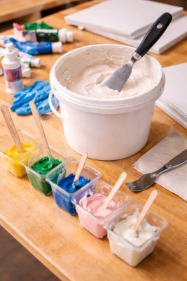 Ćwiczenie z pakietu „Emocje w kolorach" – stół warsztatowy z białą gładzią strukturalną, kolorowymi akrylami (żółty, zielony, niebieski, różowy), szpachlą i czystymi płótnami gotowymi do pracy emocjonalnej