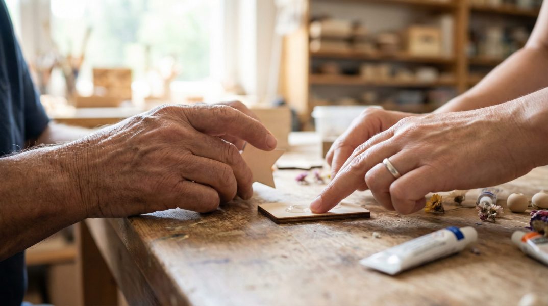 Zbliżenie na dłonie instruktorki pomagającej seniorowi w precyzyjnym klejeniu elementów dekoracyjnych podczas warsztatów DIY.