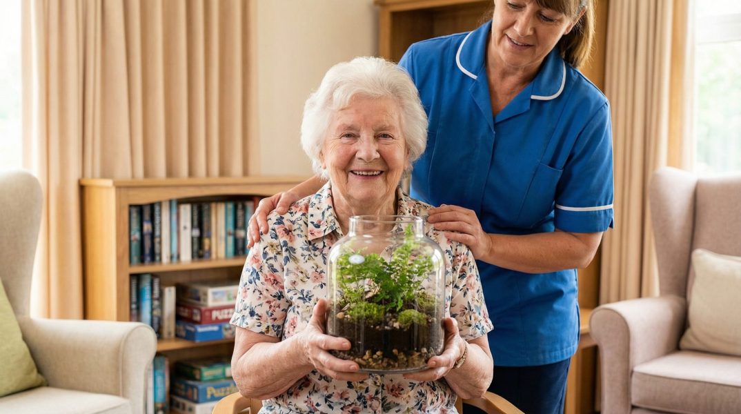 Radosna seniorka prezentuje własnoręcznie wykonany las w słoiku, wspierana przez uśmiechniętą opiekunkę w domowym salonie seniora