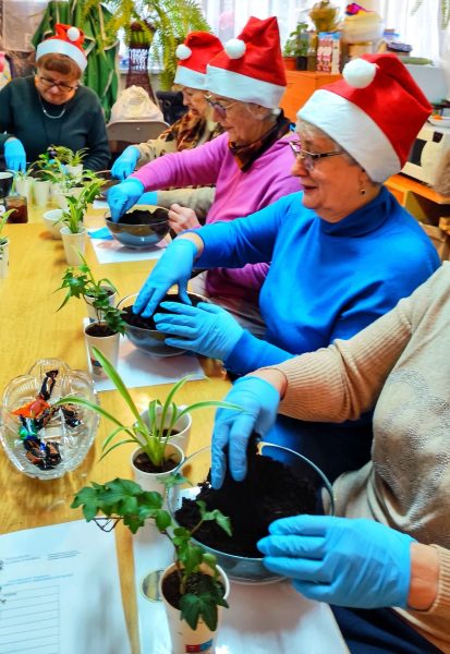 Uczestniczki warsztatów bożonarodzeniowych w mikołajkowych czapkach sadzą rośliny w szklanych naczyniach podczas zajęć Warsztatowni