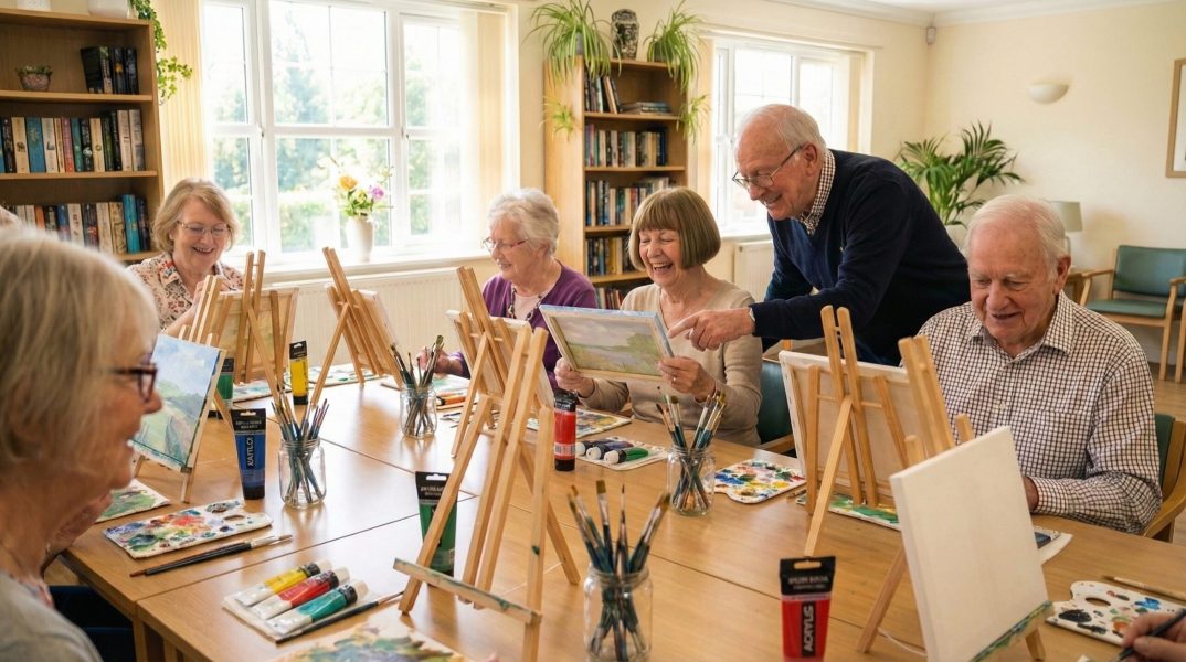 Grupa uśmiechniętych seniorów przy sztalugach podczas warsztatów malarskich w jasnym salonie domu opieki
