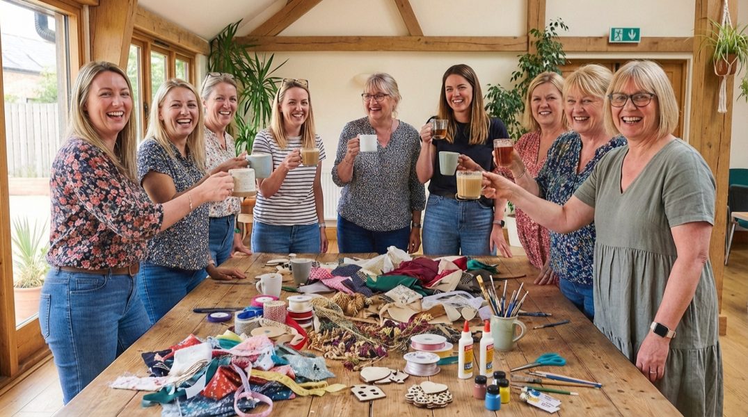 Grupa uśmiechniętych kobiet stoi przy dużym drewnianym stole pełnym materiałów do rękodzieła, unosząc kubki z kawą i herbatą podczas kreatywnych warsztatów