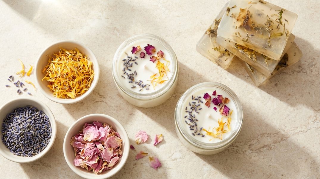 Dwie białe świece sojowe w szklanych słoiczkach oraz stos ręcznie robionych mydeł z suszonymi kwiatami lawendy i nagietka na jasnym blacie